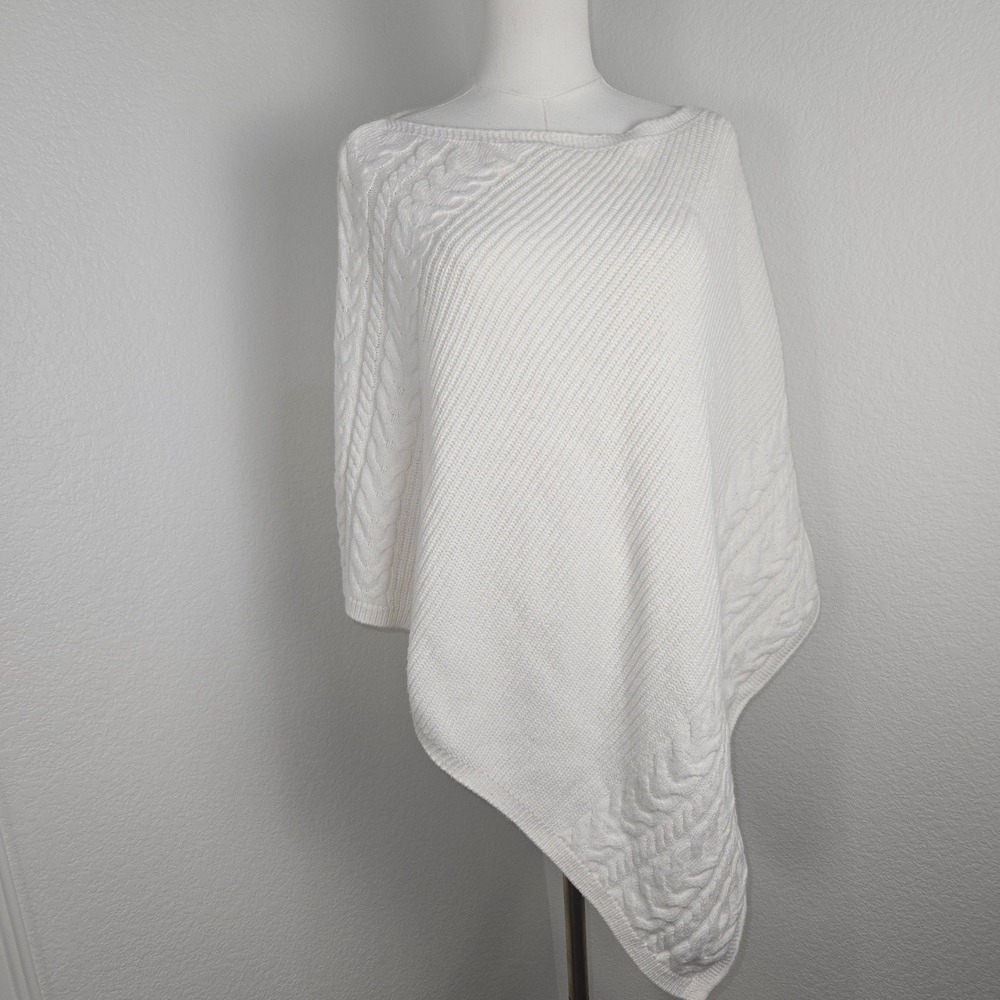 J.Jill One Size Ivory Knit Sweater Poncho Cable Trim Cotton Blend Wrap